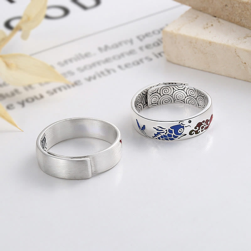 Buddha Stones Anillo de riqueza de pez koi afortunado de plata esterlina 925 con nubes auspiciosas