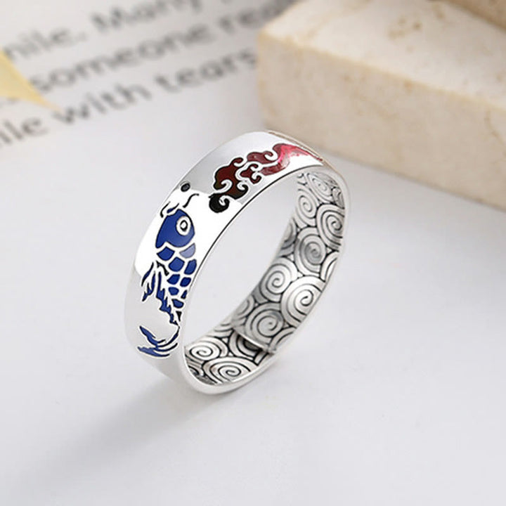 Buddha Stones Anillo de riqueza de pez koi afortunado de plata esterlina 925 con nubes auspiciosas
