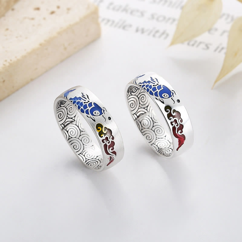Buddha Stones Anillo de riqueza de pez koi afortunado de plata esterlina 925 con nubes auspiciosas
