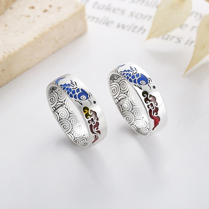 Buddha Stones Anillo de riqueza de pez koi afortunado de plata esterlina 925 con nubes auspiciosas