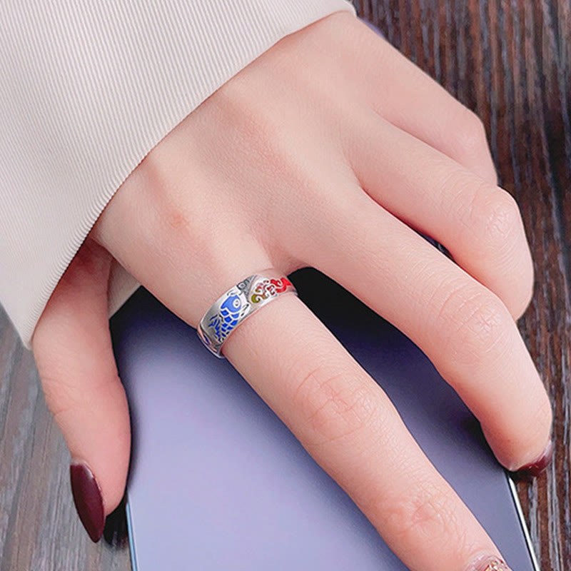 Buddha Stones Anillo de riqueza de pez koi afortunado de plata esterlina 925 con nubes auspiciosas