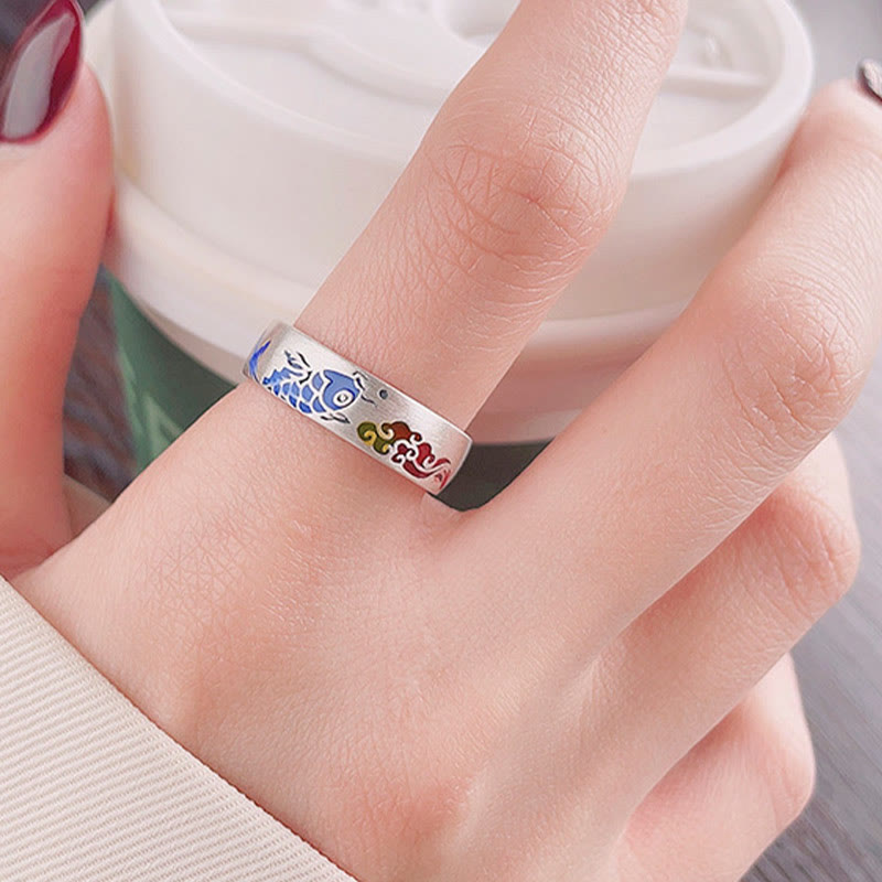 Buddha Stones Anillo de riqueza de pez koi afortunado de plata esterlina 925 con nubes auspiciosas