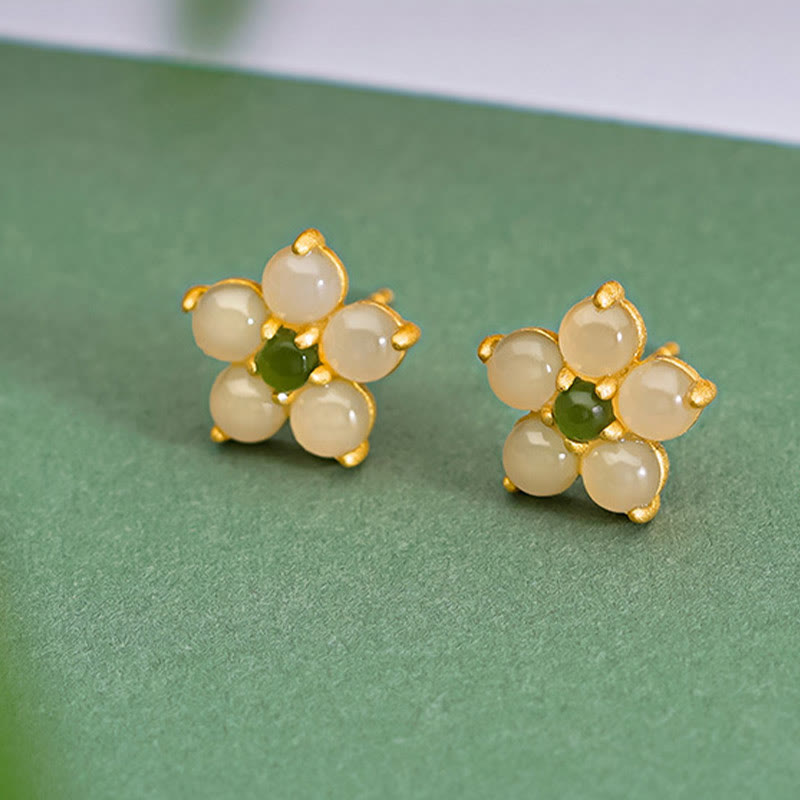 Buddha Stones Pendientes de botón de flores de la suerte de jade Hetian de plata esterlina 925