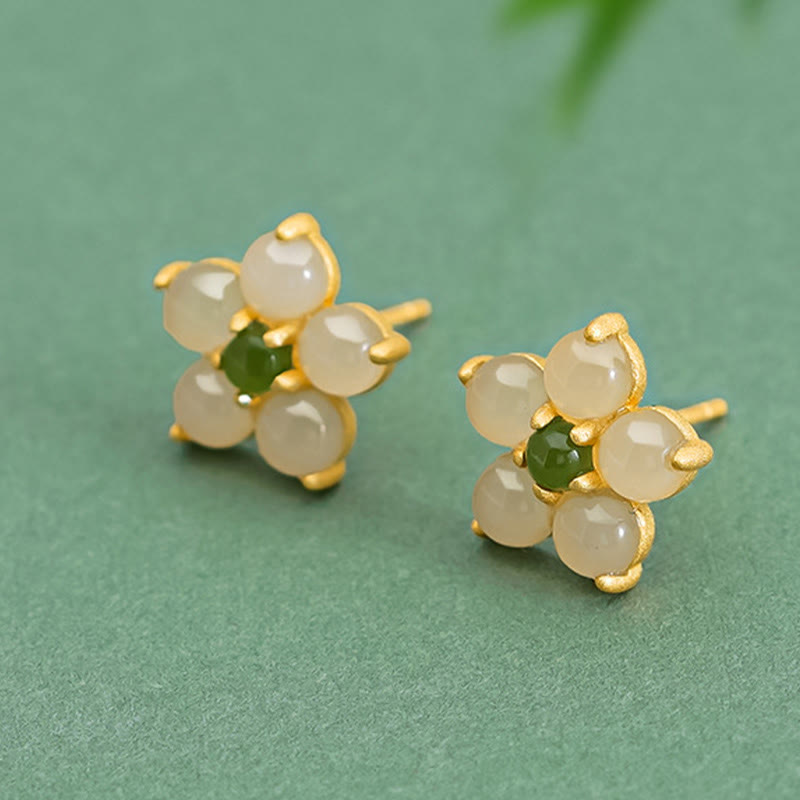 Buddha Stones Pendientes de botón de flores de la suerte de jade Hetian de plata esterlina 925