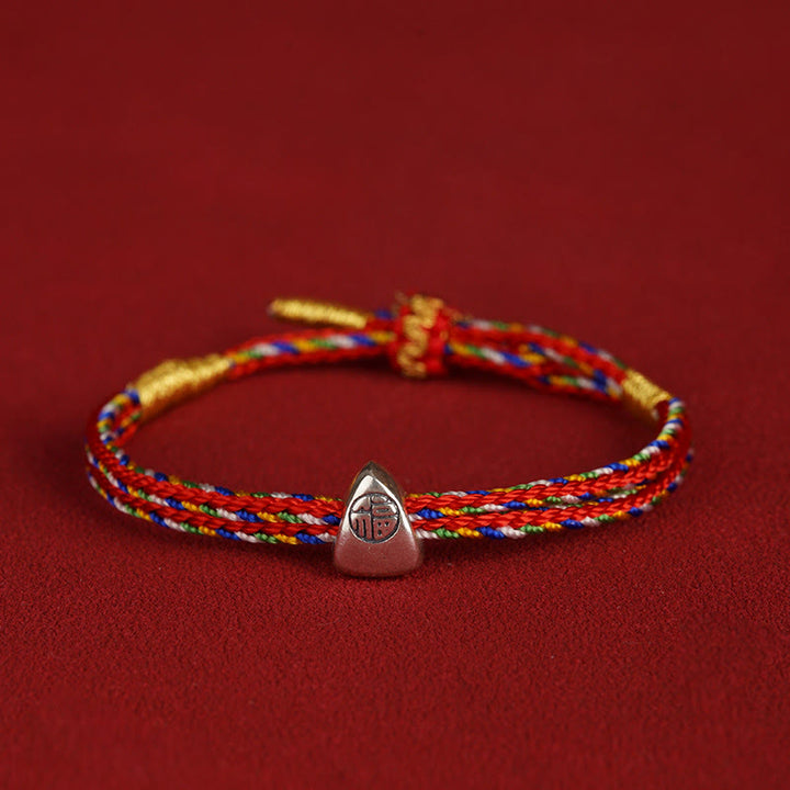 Buddha Stones Pulsera de cuerda multicolor con carácter Fu de suerte de plata de ley 925 para niños y adultos