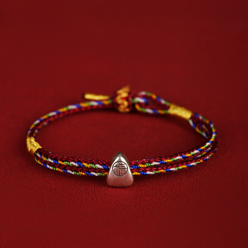 Buddha Stones Pulsera de cuerda multicolor con carácter Fu de suerte de plata de ley 925 para niños y adultos