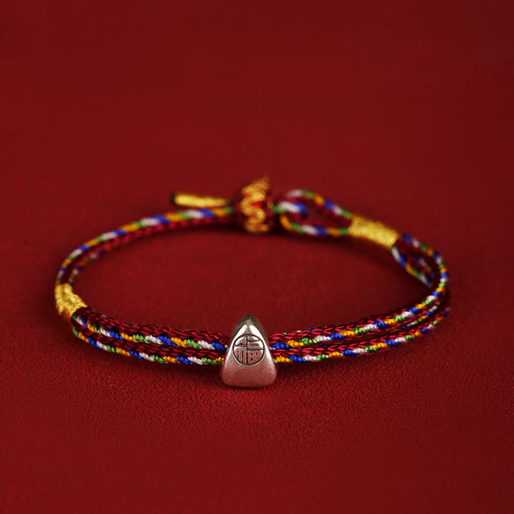 Buddha Stones Pulsera de cuerda multicolor con carácter Fu de suerte de plata de ley 925 para niños y adultos