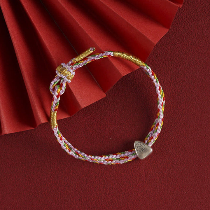 Buddha Stones Pulsera de cuerda multicolor con carácter Fu de suerte de plata de ley 925 para niños y adultos