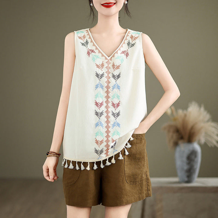 Top sin mangas con borla y bordado retro de Buddha Stones con cuello en V - image 12