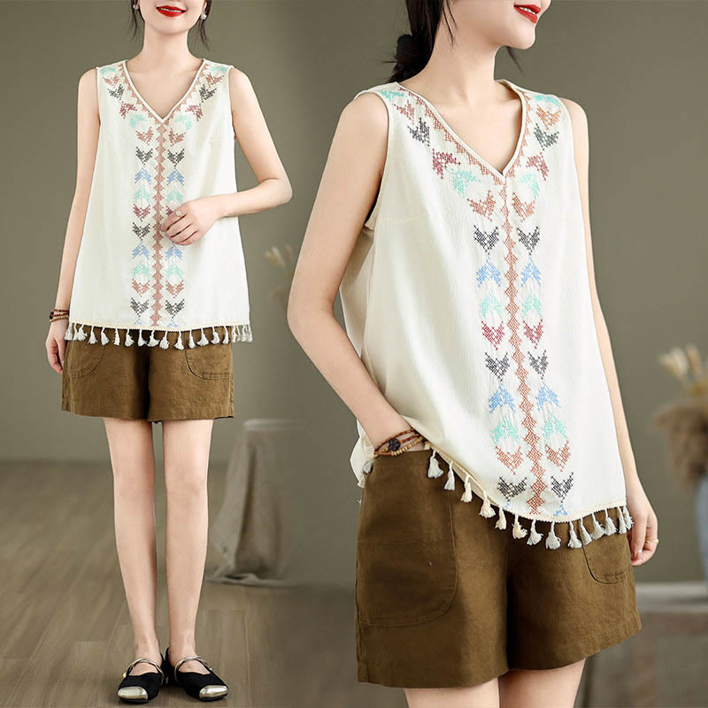 Top sin mangas con borla y bordado retro de Buddha Stones con cuello en V - image 13
