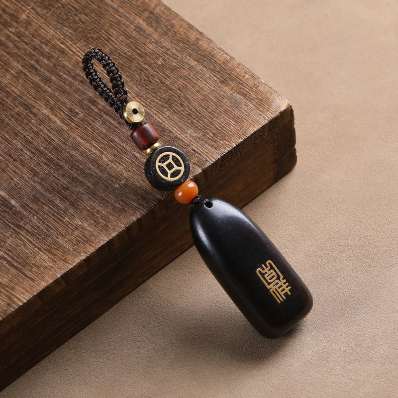 Buddha Stones Llaveros de Protección con Moneda de Cobre de Sándalo Rojo de Hoja Pequeña y Madera de Ébano de Paz Auspiciosa