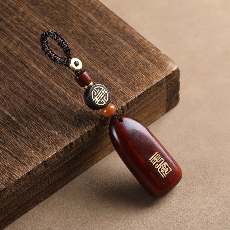 Buddha Stones Llaveros de Protección con Moneda de Cobre de Sándalo Rojo de Hoja Pequeña y Madera de Ébano de Paz Auspiciosa