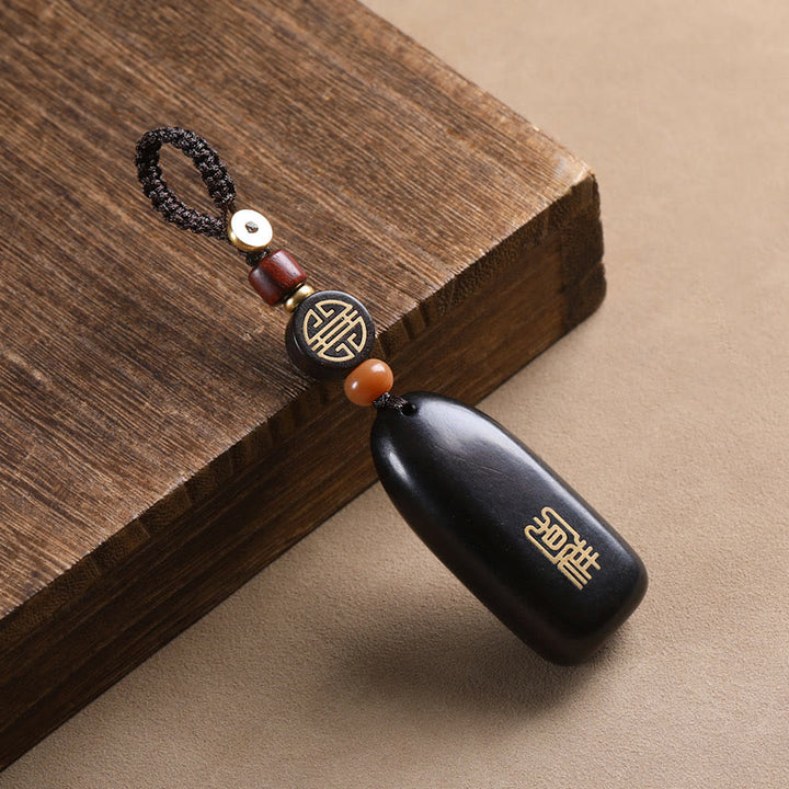 Buddha Stones Llaveros de Protección con Moneda de Cobre de Sándalo Rojo de Hoja Pequeña y Madera de Ébano de Paz Auspiciosa