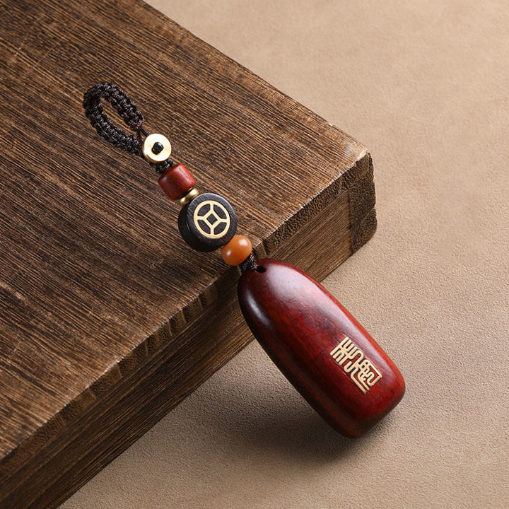 Buddha Stones Llaveros de Protección con Moneda de Cobre de Sándalo Rojo de Hoja Pequeña y Madera de Ébano de Paz Auspiciosa