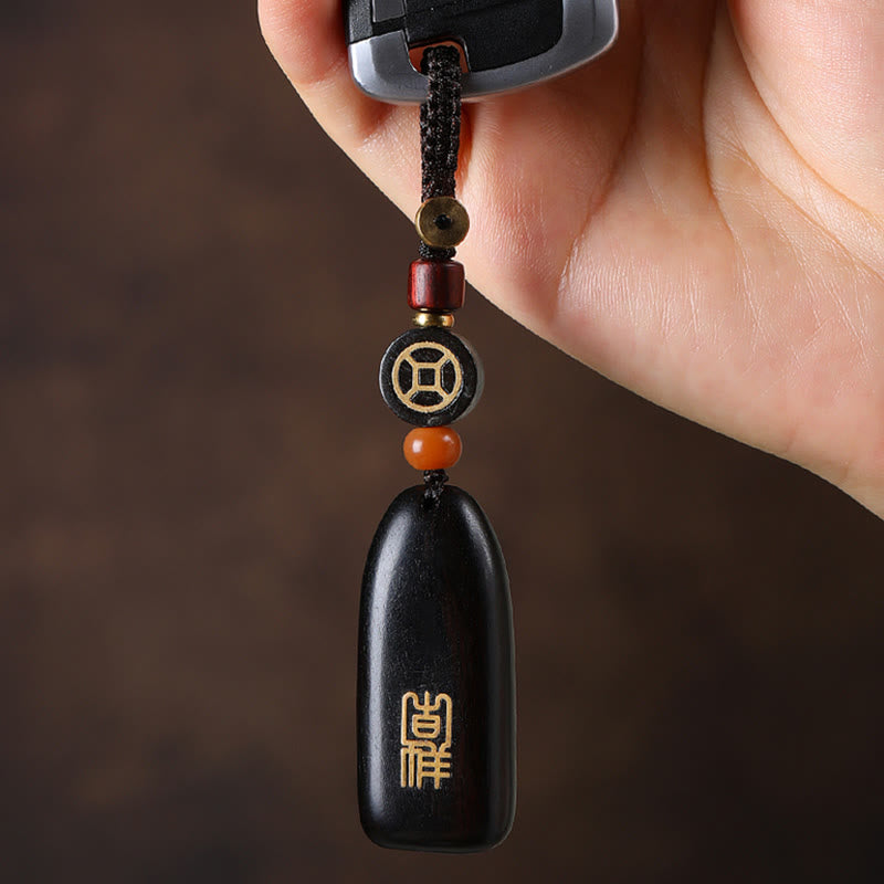 Buddha Stones Llaveros de Protección con Moneda de Cobre de Sándalo Rojo de Hoja Pequeña y Madera de Ébano de Paz Auspiciosa