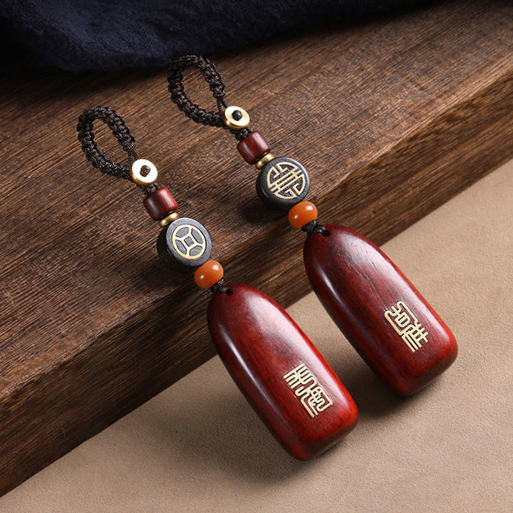 Buddha Stones Llaveros de Protección con Moneda de Cobre de Sándalo Rojo de Hoja Pequeña y Madera de Ébano de Paz Auspiciosa