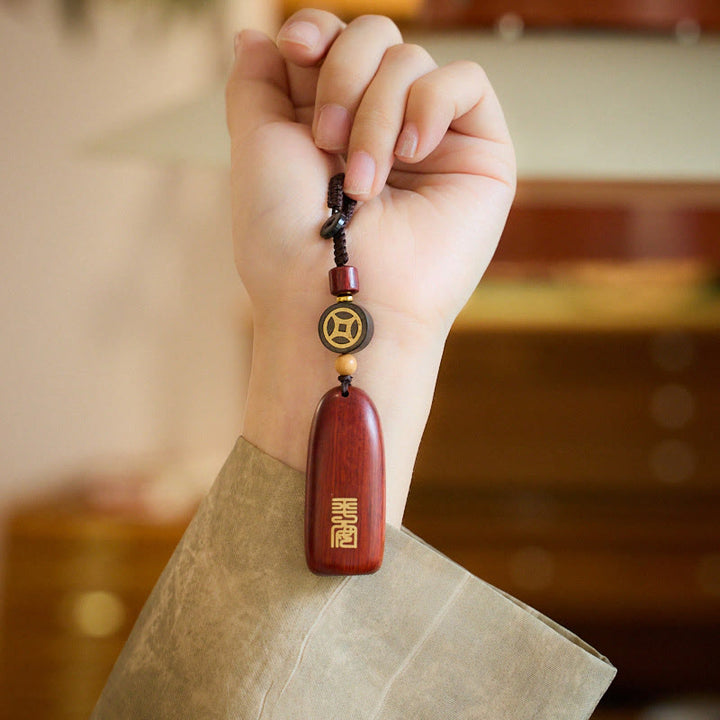 Buddha Stones Llaveros de Protección con Moneda de Cobre de Sándalo Rojo de Hoja Pequeña y Madera de Ébano de Paz Auspiciosa