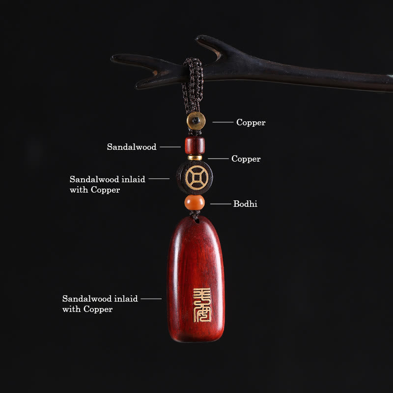 Buddha Stones Llaveros de Protección con Moneda de Cobre de Sándalo Rojo de Hoja Pequeña y Madera de Ébano de Paz Auspiciosa