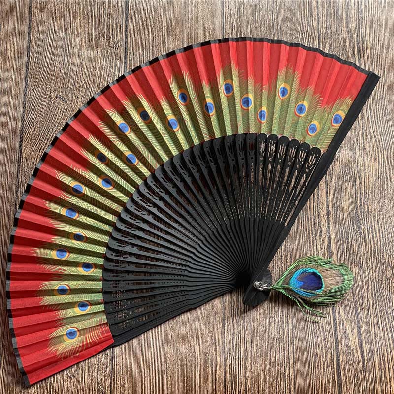 Buddha Stones Abanico Plegable de Bambu con Pluma de Pavo Real de 21.5cm