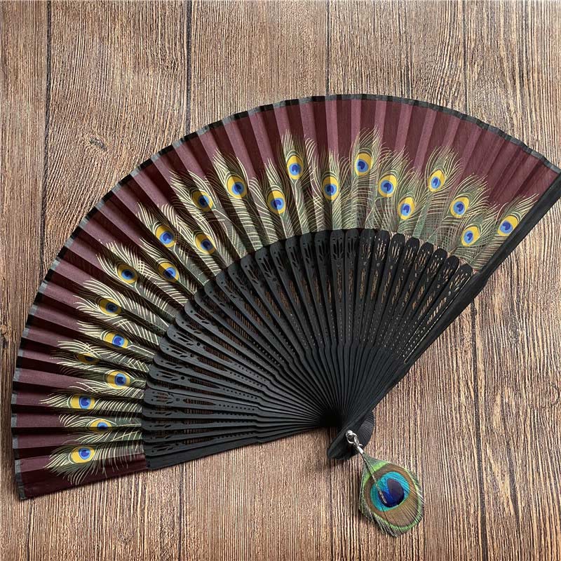 Buddha Stones Abanico Plegable de Bambu con Pluma de Pavo Real de 21.5cm