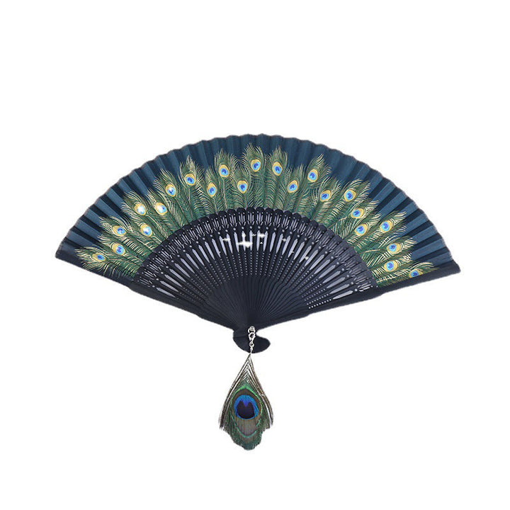Buddha Stones Abanico Plegable de Bambu con Pluma de Pavo Real de 21.5cm
