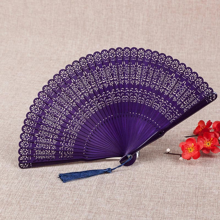 Abanico de bambú plegable tallado con flores de Buddha Stones grabadas, de 18 cm