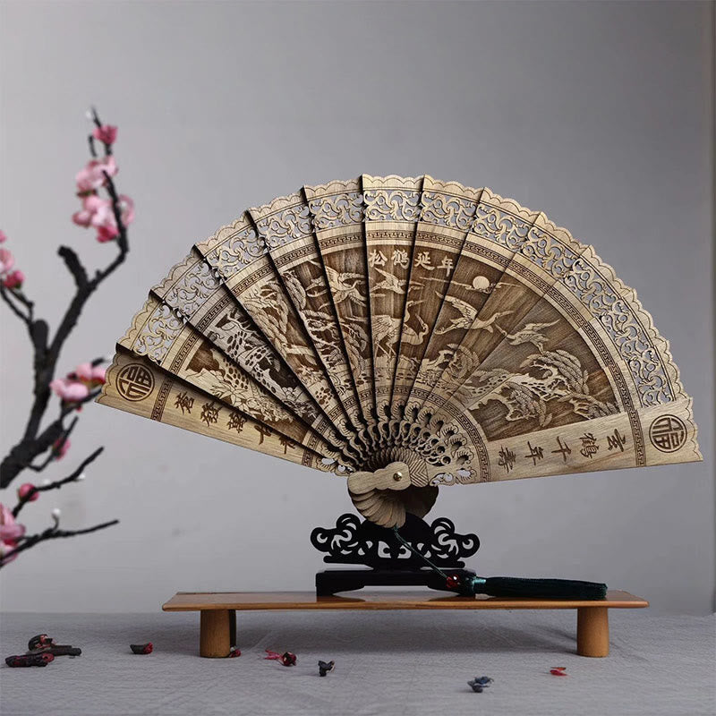 Buddha Stones Pez Koi Pájaro de Peonía Flor Tallada A Mano Abanico Plegable de Madera de Phoebe Zhennan de 22cm
