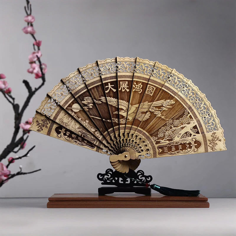 Buddha Stones Pez Koi Pájaro de Peonía Flor Tallada A Mano Abanico Plegable de Madera de Phoebe Zhennan de 22cm