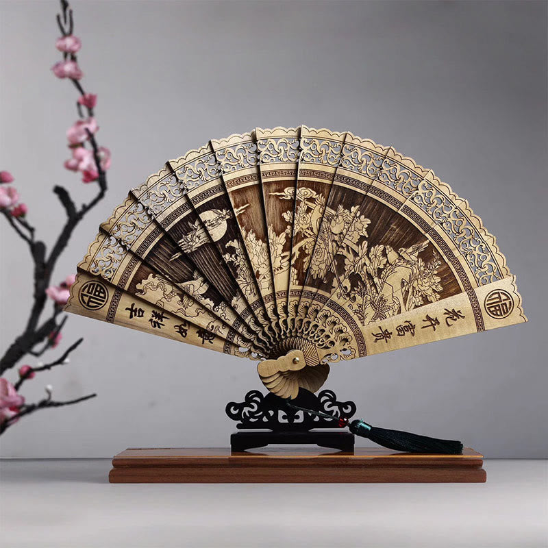 Buddha Stones Pez Koi Pájaro de Peonía Flor Tallada A Mano Abanico Plegable de Madera de Phoebe Zhennan de 22cm