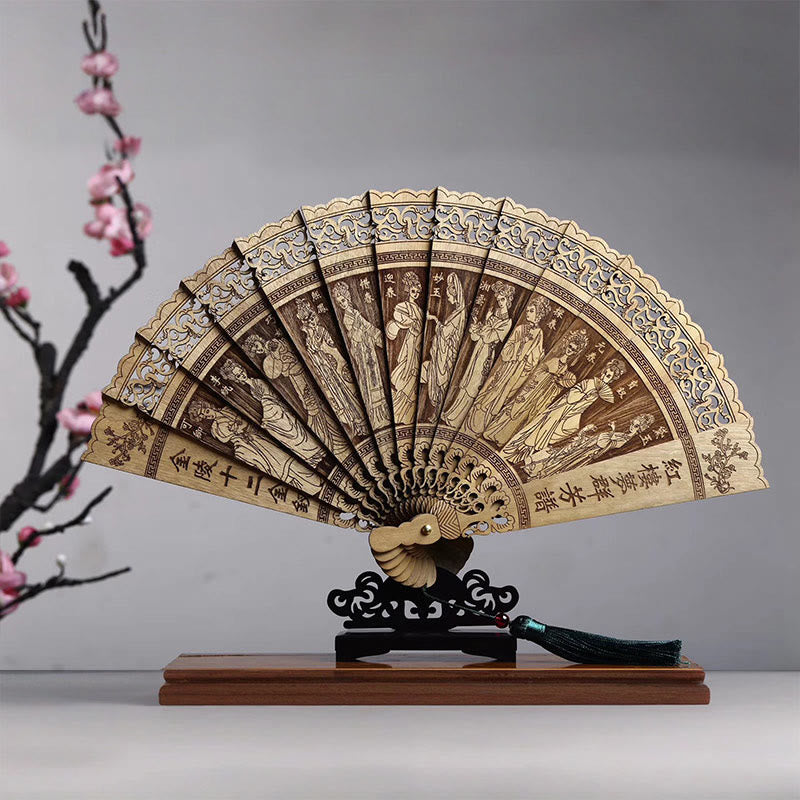 Buddha Stones Pez Koi Pájaro de Peonía Flor Tallada A Mano Abanico Plegable de Madera de Phoebe Zhennan de 22cm