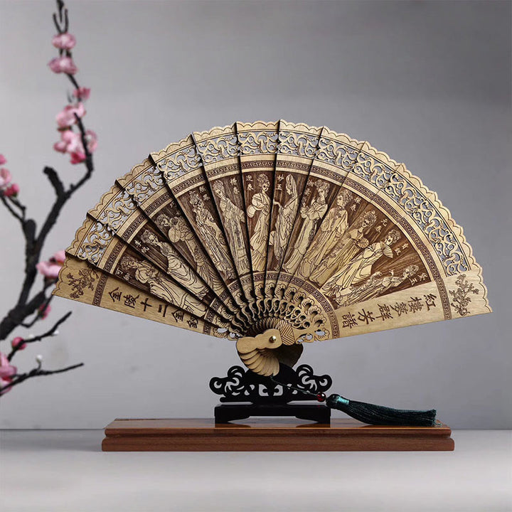 Buddha Stones Pez Koi Pájaro de Peonía Flor Tallada A Mano Abanico Plegable de Madera de Phoebe Zhennan de 22cm