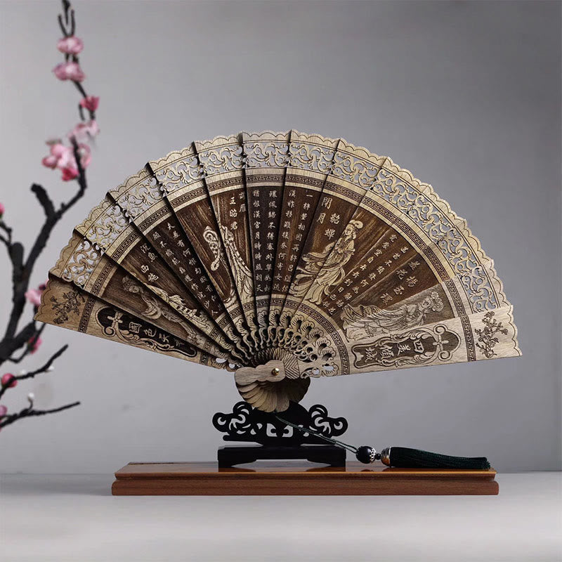 Buddha Stones Pez Koi Pájaro de Peonía Flor Tallada A Mano Abanico Plegable de Madera de Phoebe Zhennan de 22cm