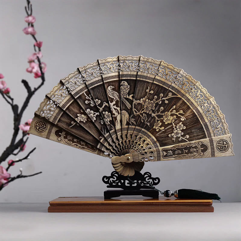 Buddha Stones Pez Koi Pájaro de Peonía Flor Tallada A Mano Abanico Plegable de Madera de Phoebe Zhennan de 22cm