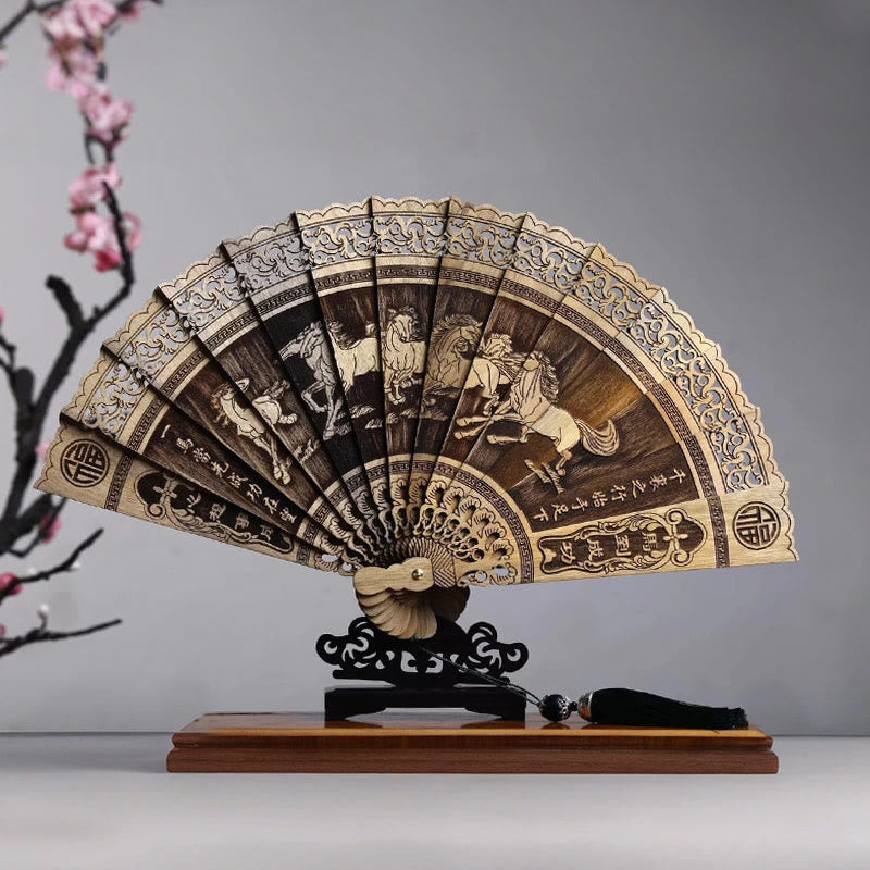 Buddha Stones Pez Koi Pájaro de Peonía Flor Tallada A Mano Abanico Plegable de Madera de Phoebe Zhennan de 22cm