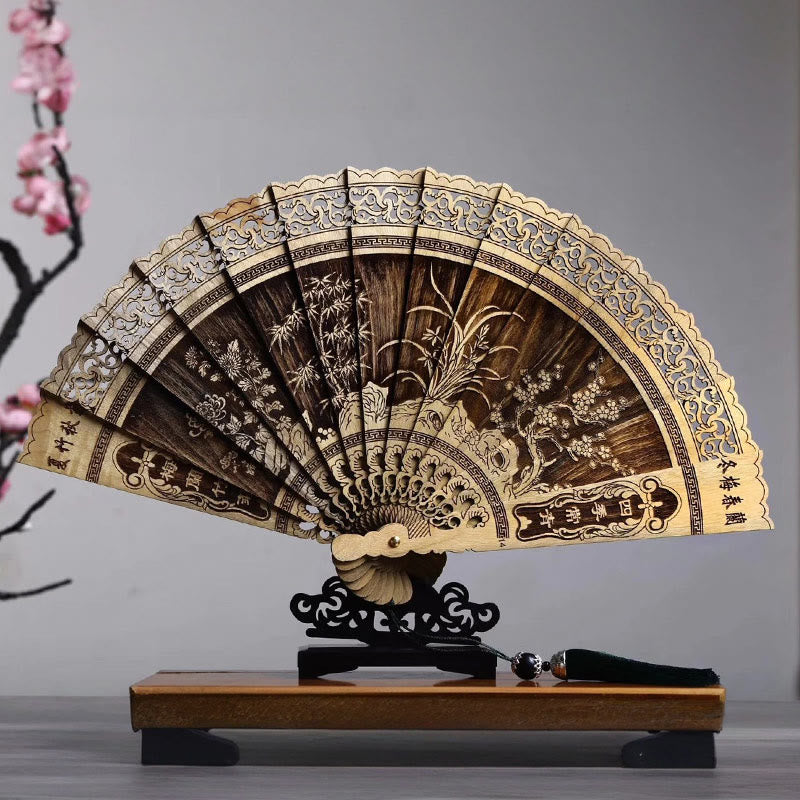 Buddha Stones Pez Koi Pájaro de Peonía Flor Tallada A Mano Abanico Plegable de Madera de Phoebe Zhennan de 22cm