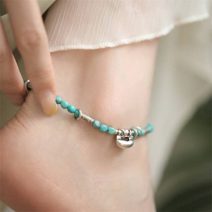 Buddha Stones tobillera de fuerza con dijes de candado chino, cuentas pequeñas de turquesa, plata esterlina 925