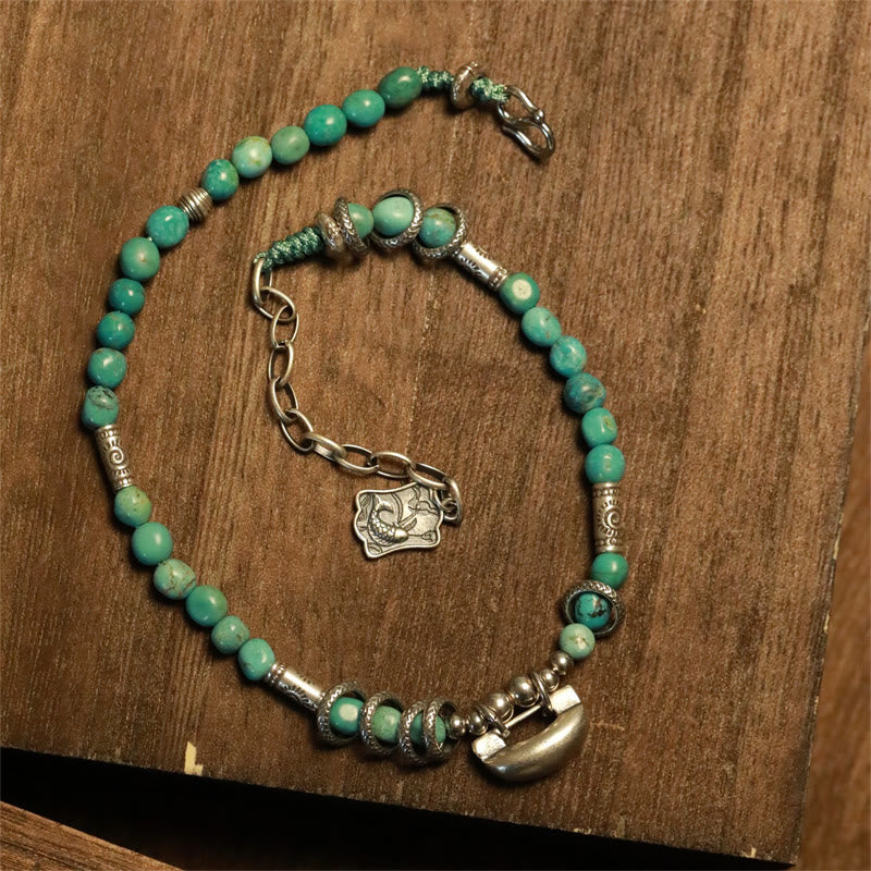 Buddha Stones tobillera de fuerza con dijes de candado chino, cuentas pequeñas de turquesa, plata esterlina 925
