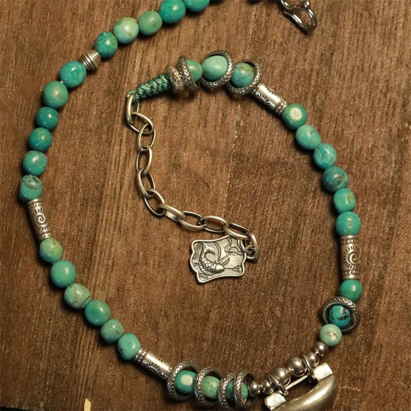 Buddha Stones tobillera de fuerza con dijes de candado chino, cuentas pequeñas de turquesa, plata esterlina 925