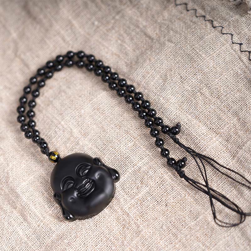 Buddha Stones Collar Colgante de Purificación de Buda Riéndose de Obsidiana Negra Natural