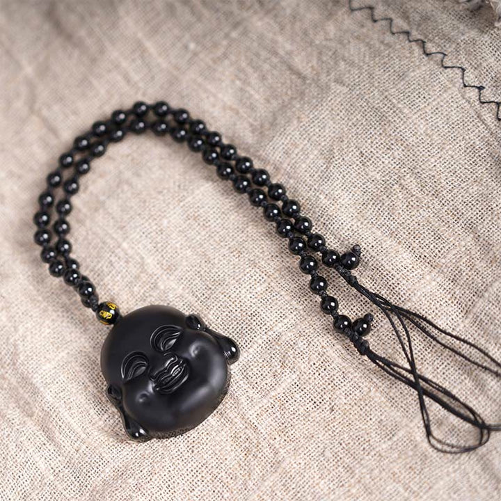 Buddha Stones Collar Colgante de Purificación de Buda Riéndose de Obsidiana Negra Natural