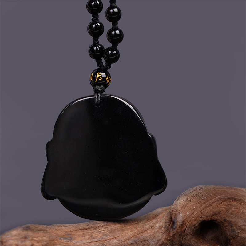 Buddha Stones Collar Colgante de Purificación de Buda Riéndose de Obsidiana Negra Natural