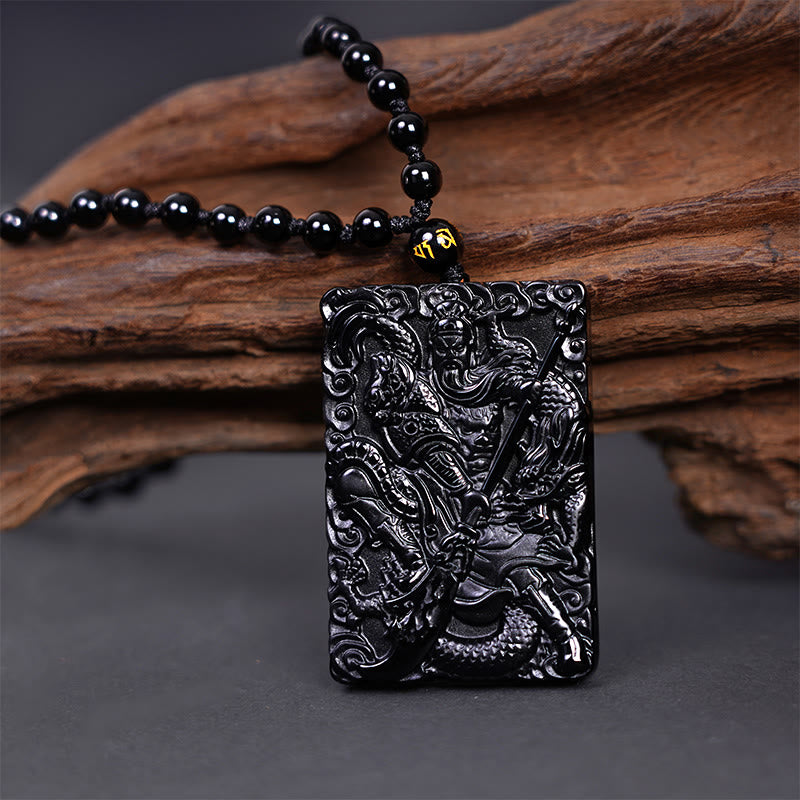 Amuleto de Black Obsidian Guan Gong grabado con fuerza colgante de collar Buddha Stones