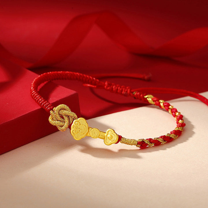 Pulsera de cuerda de la suerte con diseño de personaje Fu de plata de ley 999 con Buddha Stones