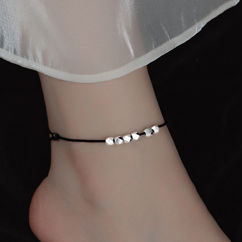 Buddha Stones Pulsera de Tobillo de Cuerda Trenzada de Protección de Suerte con Cuentas de Plata de Ley 925