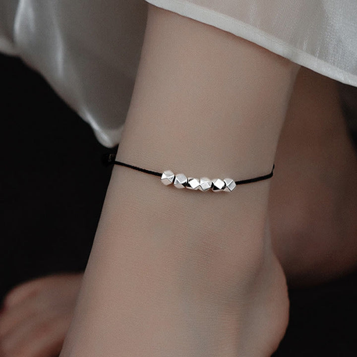 Buddha Stones Pulsera de Tobillo de Cuerda Trenzada de Protección de Suerte con Cuentas de Plata de Ley 925