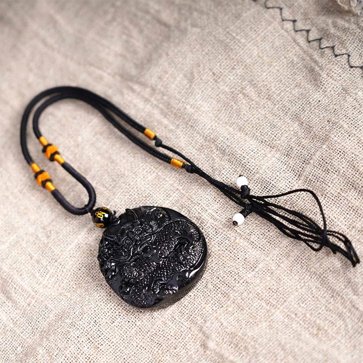 Buddha Stones Colgante de Protección de Collar Natural de Obsidiana Negra con Dragón Tallado - image 7