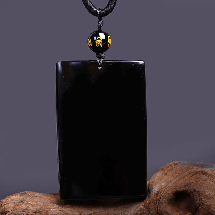 Buddha Stones Collar Colgante de Éxito Rectangular de Dragón Grabado de Obsidiana Negra Natural - image 15