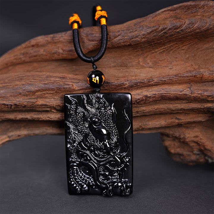 Buddha Stones Collar Colgante de Éxito Rectangular de Dragón Grabado de Obsidiana Negra Natural - image 11