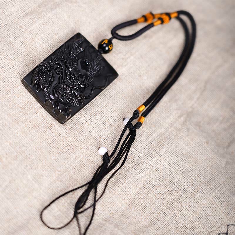 Buddha Stones Collar Colgante de Éxito Rectangular de Dragón Grabado de Obsidiana Negra Natural - image 13