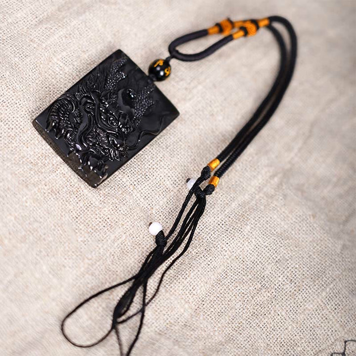 Buddha Stones Collar Colgante de Éxito Rectangular de Dragón Grabado de Obsidiana Negra Natural - image 13